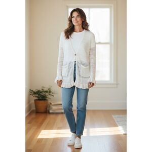 Ralph Lauren‎ Rugby Linen Knit Cardigan Sweater Ruffle Trim Cream M